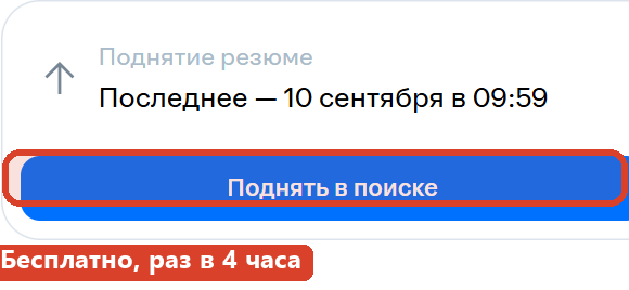 Карточка «Поднятие резюме» на hh.ru с датой последнего поднятия и выделенной кнопкой «Поднять в поиске»