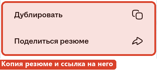 Меню действий с резюме на hh.ru с выделенными пунктами «Дублировать» и «Поделиться резюме»